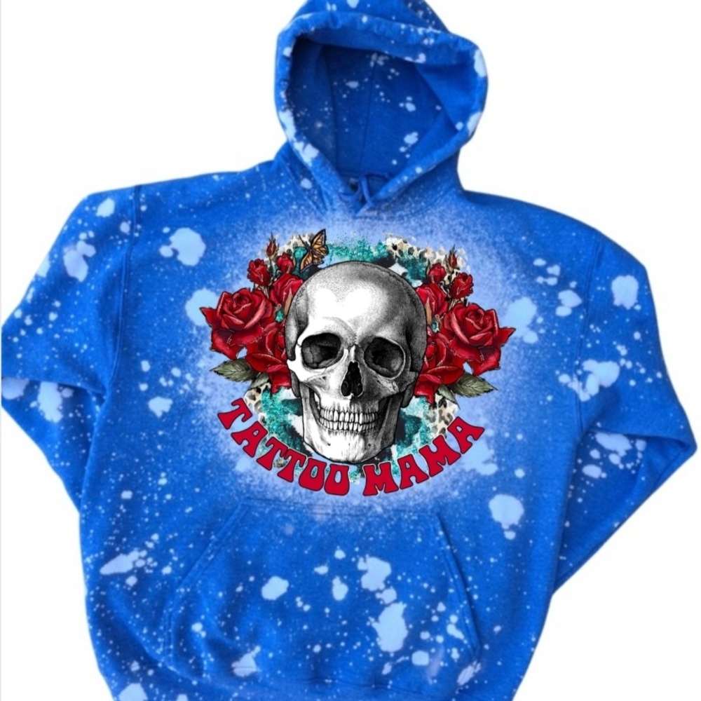 New Gildan Blue Hoodie with Skull and Roses Design